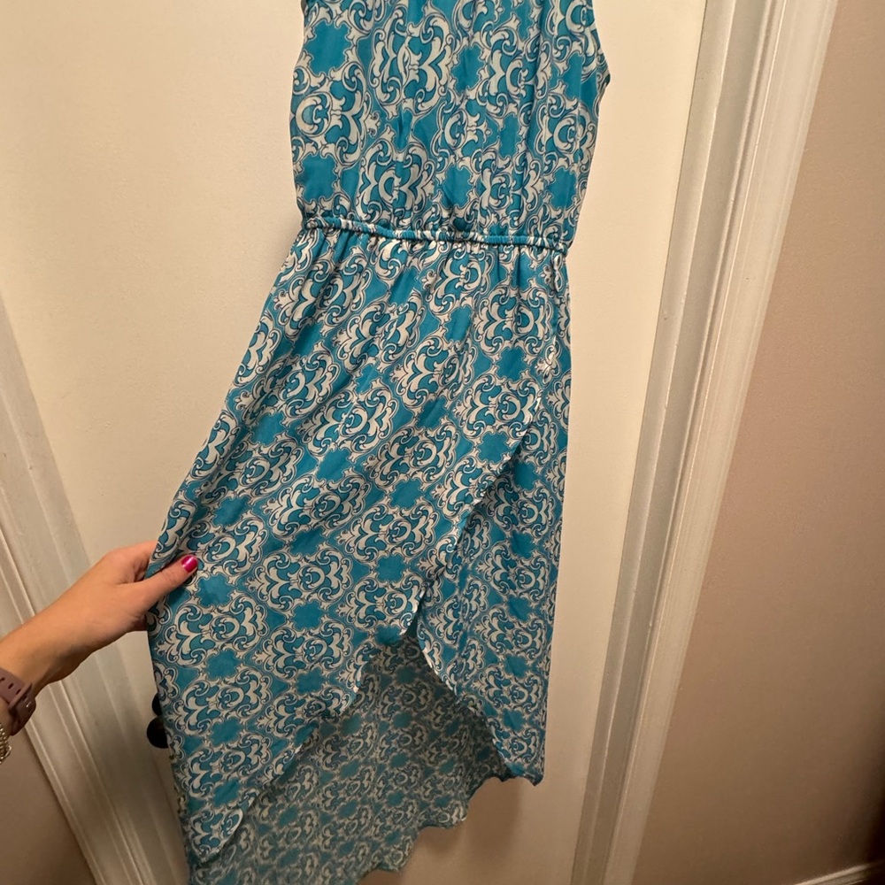 Elegant Blue & White Patterned High Low Dress